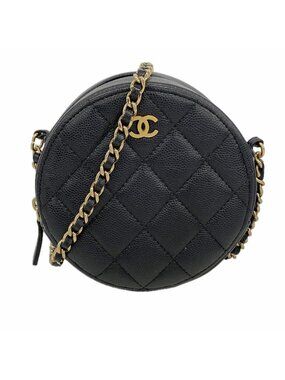Chanel Shoulder Bag Quilted Caviar Leather Black Gold